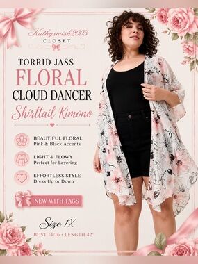 Torrid Jass Floral Cloud Dancer Shirttail Kimono NWT